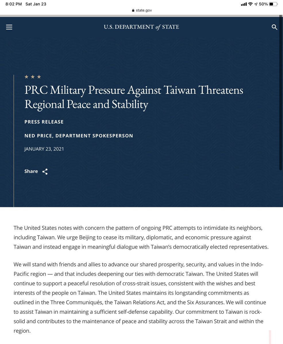 16/ NEW... And...official US Department of State release now TODAY condemning China military pressure against Taiwan and reaffirming US commitment to help defend Taiwan + regional stability.