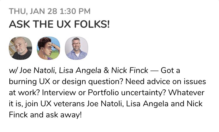 joenatoli's tweet photo. Guess what? We’re gonna do “ASK THE UX FOLKS” every Thursday at 1:30PM EDT! 

Join me and my two better #UX halves @intrepidleeloo and @nickf and ask your most pressing UX + #Design questions.

Next show: Thursday, Jan 28 1:30 PM EST on @joinclubhouse.

https://t.co/V8stfjaaCN https://t.co/iEbhJTyLNA