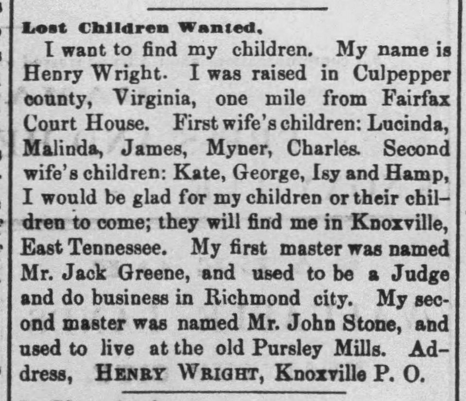 MABPublicHist's tweet photo. 'I want to find my children' #HenryWright #Knoxville1873 https://t.co/IBsVpnxU6F https://t.co/EKSmOhWrG2