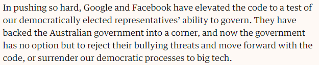 The ridiculous legislation backed Google and Facebook into a corner first. You can't blame them for hitting back. I reject this conclusion, Australia could simply drop this legislation and move on. We wouldn't be surrendering our democracy, Murdoch already owns it!