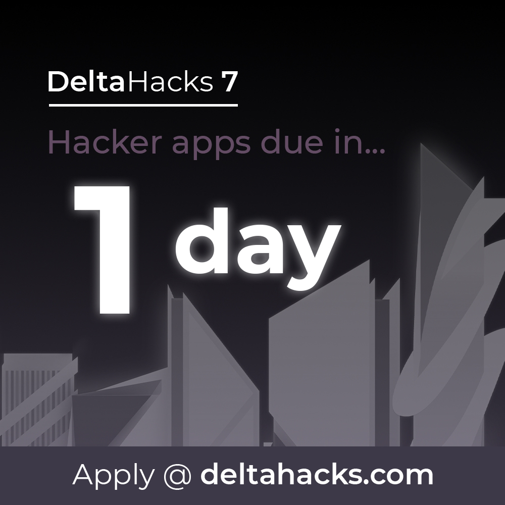 🚨 Applications are closing in 1️⃣ DAY! 🚨

Sign up today @ my.deltahacks.com! 🌐

If you have any questions, please feel free to email us at hello@deltahacks.com or dm us!

#dh7 #apply #virtual #hackathon #deltahacks #countdown #fireballfamily #mcmaster
