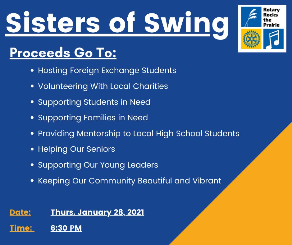 Support the EP AM Rotary and the Sisters of Swing!
Join us on a live stream on January 28th at 6:30PM.  Purchase $25 or $100 tickets on Eventbrite: eventbrite.com/.../rotary-roc…...
#rotaryclub #RotaryInAction #rotaryinternational #epamrotary #edenprairie