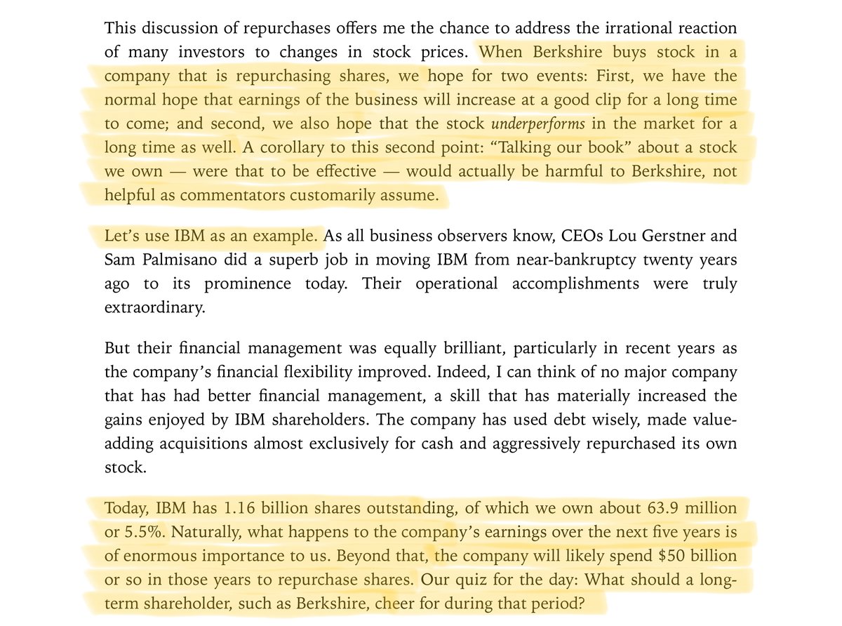 25/As Buffett explained in his 2011 letter:(He used IBM as an example to illustrate this, which was perhaps unfortunate as the investment didn't work out for Berkshire. But the principle still holds.)