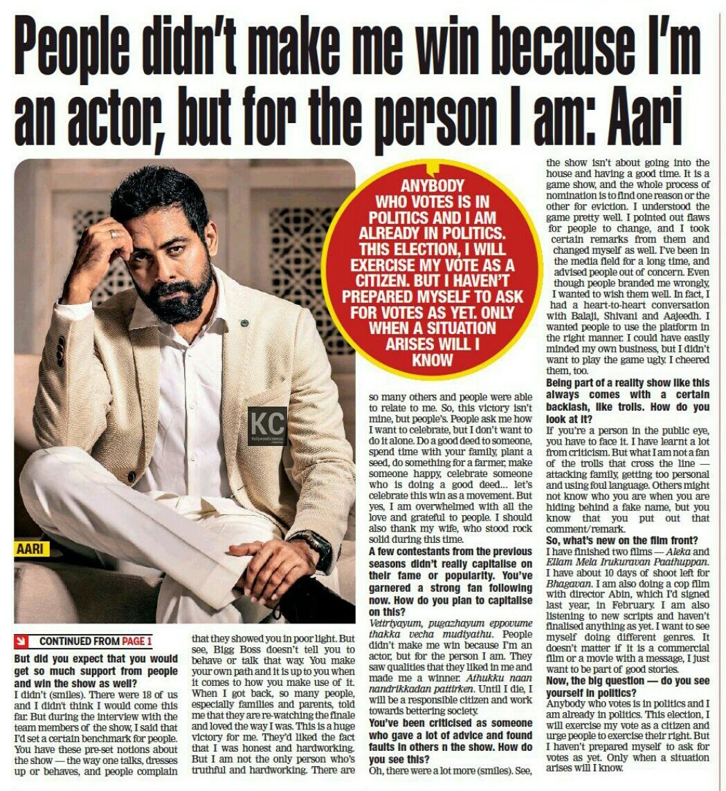 KollywoodCinima's tweet image. I have made wrong choice in life, but being part of #BiggBoss4Tamil was the right one - @Aariarujunan 

People didn't make me win because i am an actor but for the person i am #Aari 

Pic : @ChennaiTimesTOI @SharanyaCr #KollywoodCinima #AariArjunan #AariArmy #ஆரி