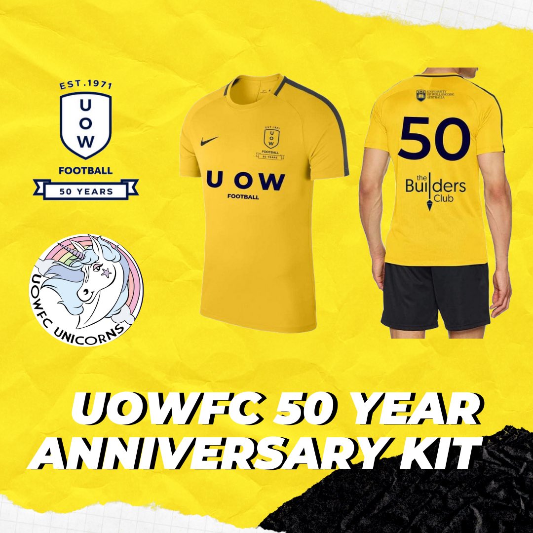 UOW_FC's tweet photo. UOWFC are pleased to announce that all men’s and women’s teams will be representing the club with a remake of the original yellow kits in 2021. 
The first kits were yellow and black, so we thought it would be a special way of showing the history of the club in its 50th year. https://t.co/jgY6RDFhG9