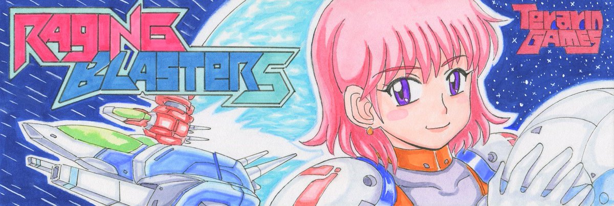VNimono's tweet image. steam版「レイジング・ブラスターズ」サウンドトラックsetを購入。(*´▽｀*)　そして、発売記念にレイジングブラスターズのイラストを描きました。しばらくヘッダーに使用します。
#RagingBlasters