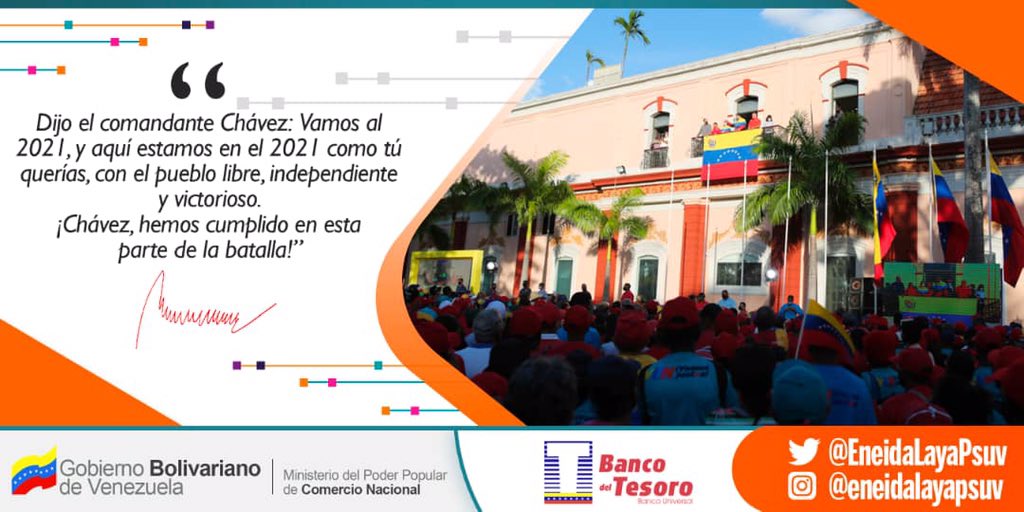 Hoy sentimos la fuerza revolucionaria y bolivariana de nuestro comandante Hugo Chávez, quien proyectó el 2021 como año determinante para la Patria. Estamos de pie, con un pueblo fortalecido, firme y comprometido de honrar el legado de nuestro líder eterno. 

#23ETriunfoDelPueblo