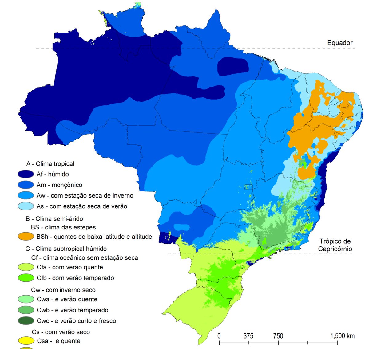 Here is a climate map for Brazil. The Amazon district is notable for high humidity