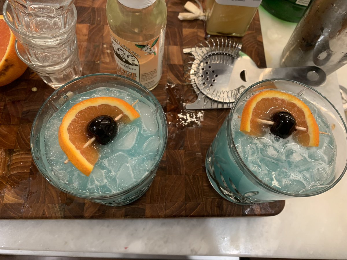 isislovecruft's tweet photo. [cw: alcohol] i missed getting ridiculous drinks at tiki bars so now my partner has to put up with me inventing weird ass cocktails that call for blue curaçao because why would you NOT want your drink to be blue https://t.co/Wbo2Jm9t70