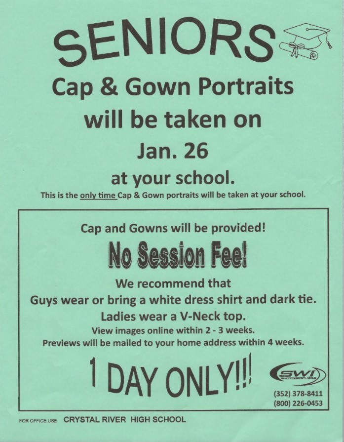CRHSyearbook's tweet photo. Tuesday, January 26 is the only day SWI will be on campus to take Cap and Gown pictures.  They will also be giving students their last chance to do formal pictures if you didn't have them taken in the fall.  In order to take pictures you must have an opt-in form on record. https://t.co/jIrWPrtQSc