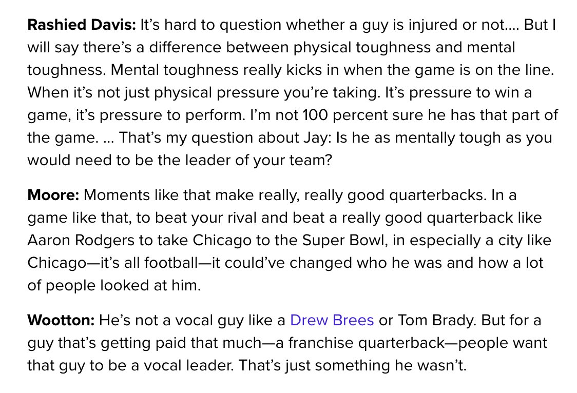 More on Cutler from  @DJMoore30,  @CoreyWootton & Rashied Davis, from  @TyDunne's excellent Cutty profile. Hard to read this and not wonder if Cutler's isolationist actions on the bench while Hanie played made teammates question him in the succeeding years. https://bleacherreport.com/articles/2734086-jay-cutler-teammates-interviews-miami-dolphins