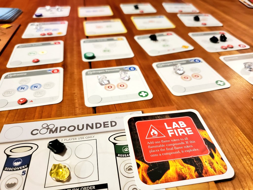 Working through our shelf of shame with Compounded!  Was skeptical at first as we heard it doesn't work well at 2p, but we were pleasantly surprised with the dummy player ("Nobel"). We took turns controlling Nobel which added further depth. Will play again! #boardgames