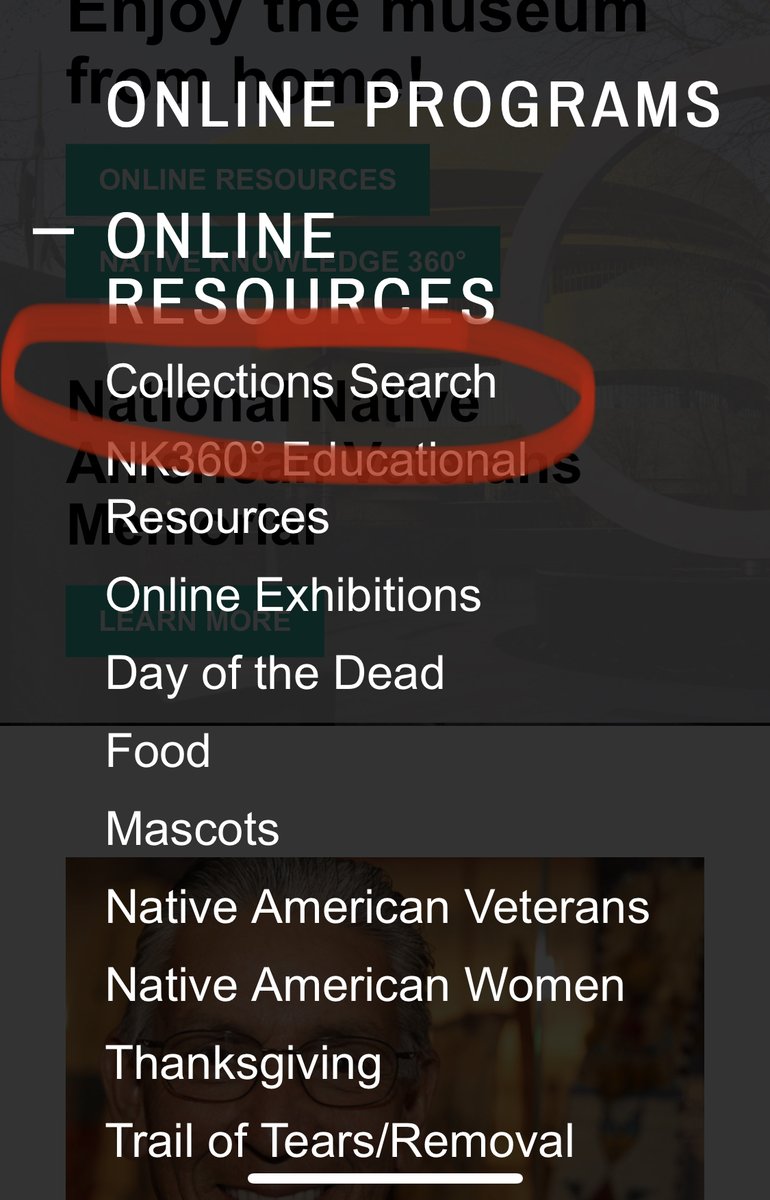 Let me walk you through what researching a database is like. Let’s use the Smithsonian Museum of the American Indian as an example. For the SMAI, they have an online resources. Click for their collections database.