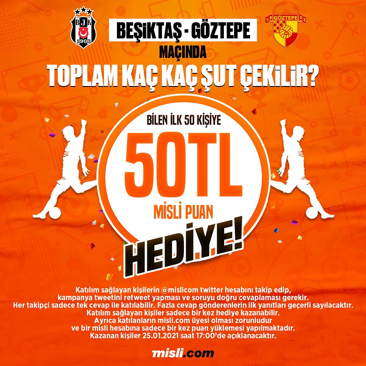🎁 “Beşiktaş - Göztepe maçında toplam kaç şut çekilir?” Bilen ilk 50 kişiye 50’şer TL misli puan hediye!

👉 <a href="/mislicom/">misli</a> takip et,
👉 Bu tweeti retweet yap,
👉 Tahminini gönder.

➡️ Detaylar ve kurallar görselde...