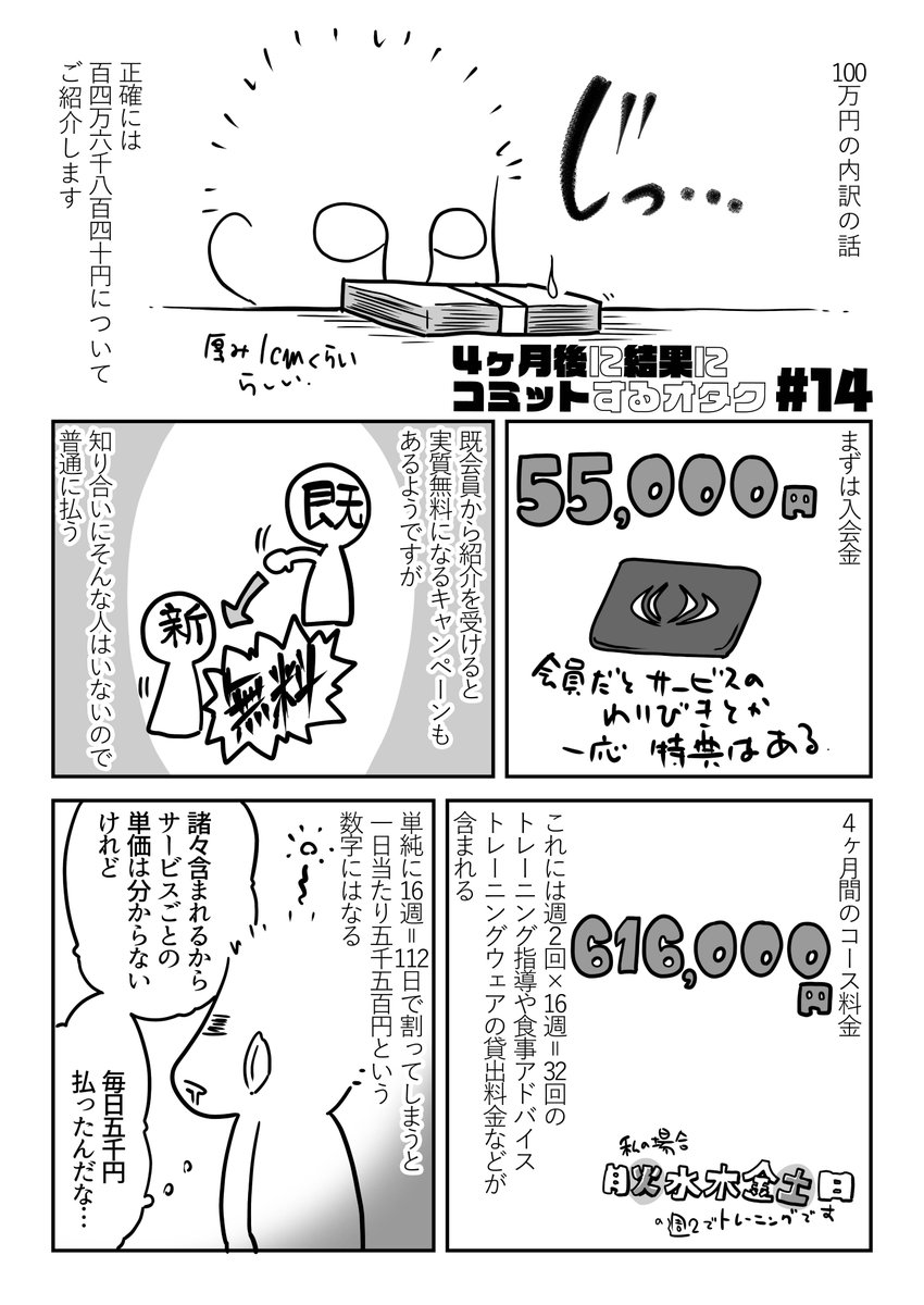 ライザ〇プに通うオリジナルレポ漫画 #4ヶ月後に結果にコミットするオタク その14です。100万円の話。 