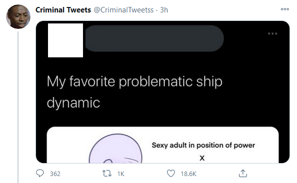 If you're active in fandom, block them as well. In addition to these genuinely disturbing tweets, they also post stupid harmless tweets about fictional characters, fanart, etc. Idk if blocking will do much to protect people since they get submissions via randos in DMs but :/