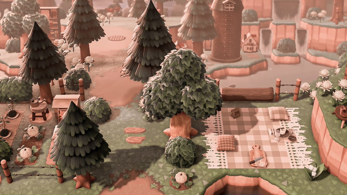 lauxryn's tweet photo. ahhhh thanks to some input from @kyuubi_crossing I finally terraformed and decorated this transition area that I had no idea what to do with , I love it so much, and I made a mini village in the background 🥺🤍 https://t.co/QknmlPnRJR