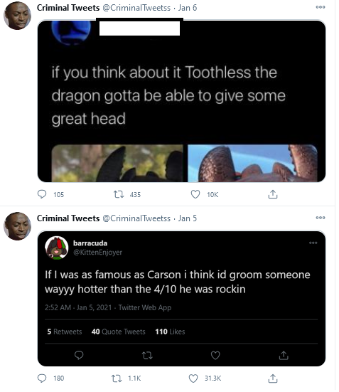 -the way they jump from "legitimate creepy tweet 'joking' about wanting to groom people" to "someone made a stupid sexual tweet joking about a cartoon dragon" is worrying.(also love how they give the genuinely creepy tweet a "it was just a bad joke" excuse)