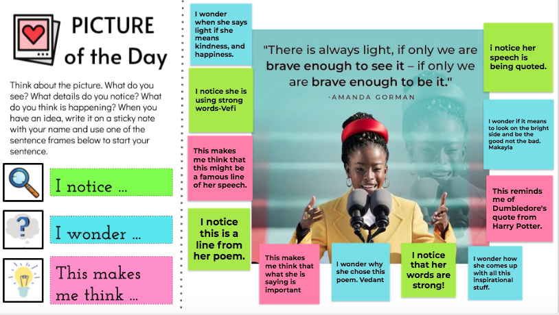 jholmestusd's tweet photo. #PictureOfTheDay with @TheAmandaGorman poem #TheHillWeClimb using "I notice.." "I wonder.." "This makes me think.." with @hickscanyontusd 4th graders @tustinusd #InaugurationDay #InaugurationDay2021 #AmandaGorman #Inaugurationweek #edtech #KamalaHarris #JoeBiden #amandagorman2036 https://t.co/3Usua4QNWW