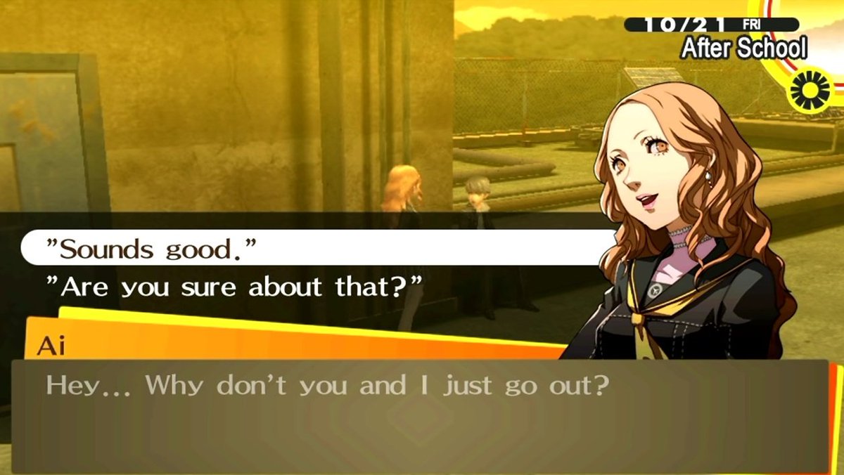 One thing that I like about her social link is how it can take a few turns. It makes her character feel pretty unique. After hearing that Kou or Daisuke aren't interested she goes to commit suicide and after you stop her the game gives you the ability to date her or reject her.