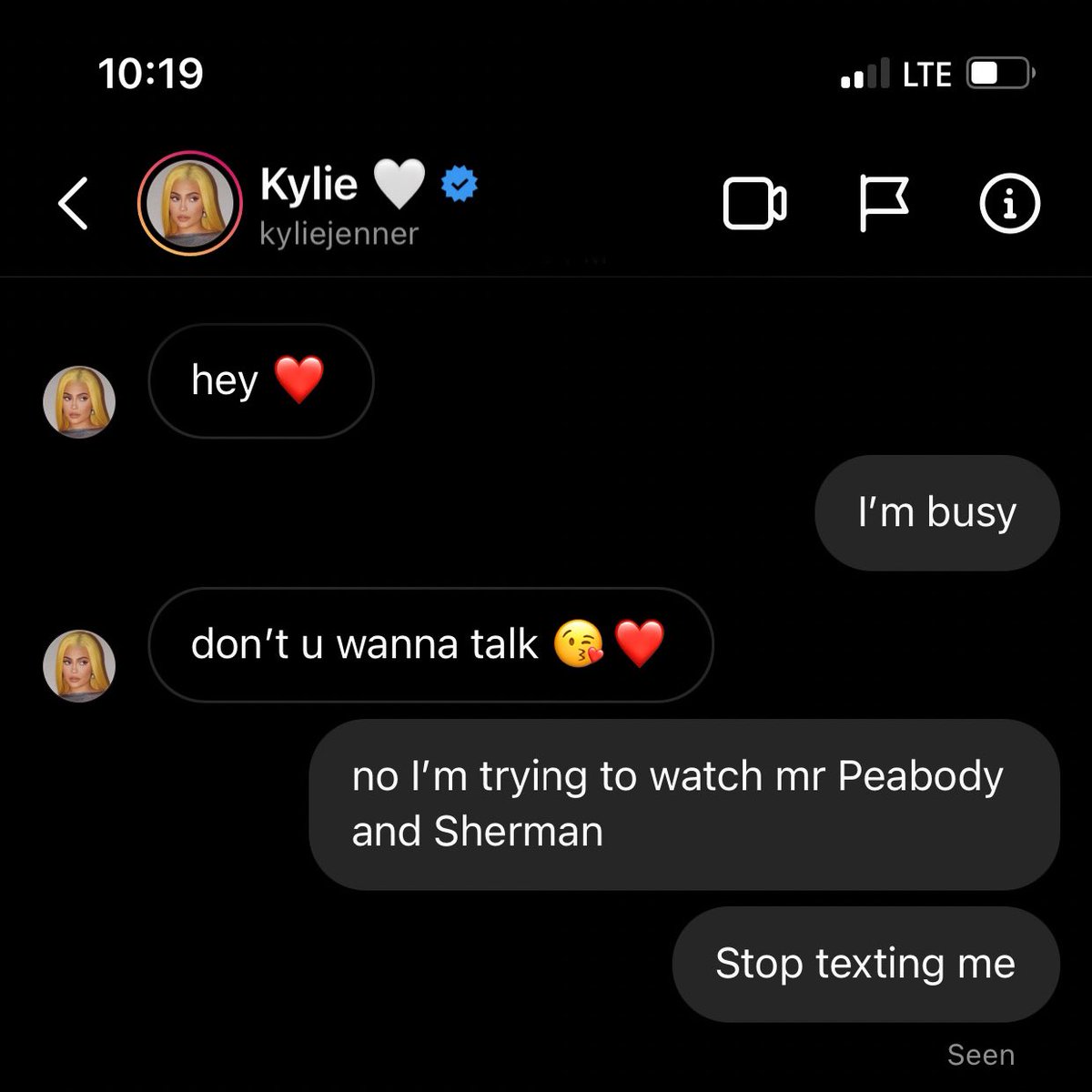nothinbutlag's tweet photo. I’m trying to watch Peabody and Sherman but this random girl keeps texting me about wanting to kiss or something I’m so sick of this https://t.co/I8HV3UDTwZ