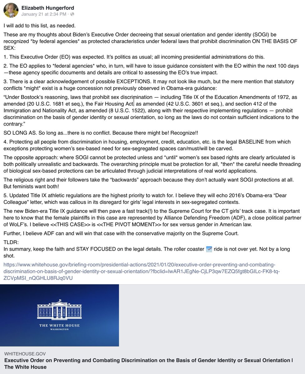 A few thoughts on  @ehungerford ‘s Feminist legal analysis of the Biden Executive Order (below or at  https://m.facebook.com/story.php?story_fbid=10158015597962684&id=510157683) regarding Women’s sex-based rights & the continued existence of the very class of Women as female people, a 