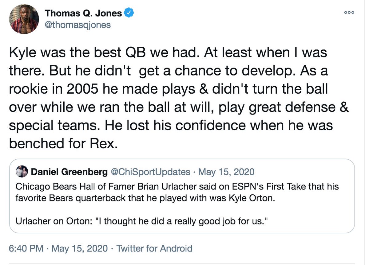 Several high profile Lovie-era Bears vets have sworn by Kyle Orton. Considering Jay's arrival shifted the team's identity, expectations and locker room dynamics, I'll always wonder what might have happened with Orton. Here is the great  @thomasqjones on Kyle's impact: