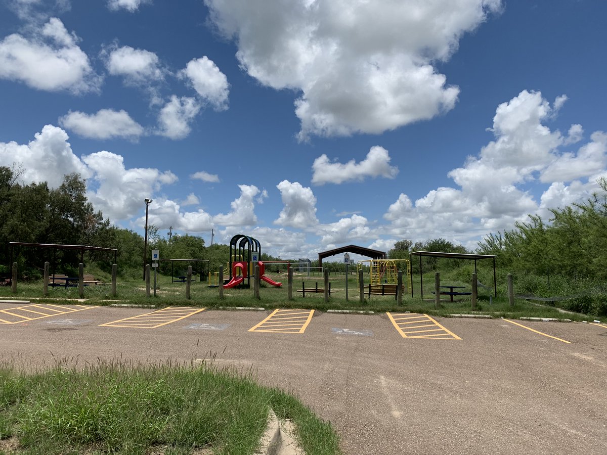 Started in Laredo and drove south on US Hwy 83. Most of that route would be walled under Trump's plan. The wall would destroy this little park in El Cenizo, the only park/playground the community has. The Rio Grande is just to the right of the photo. 2/X