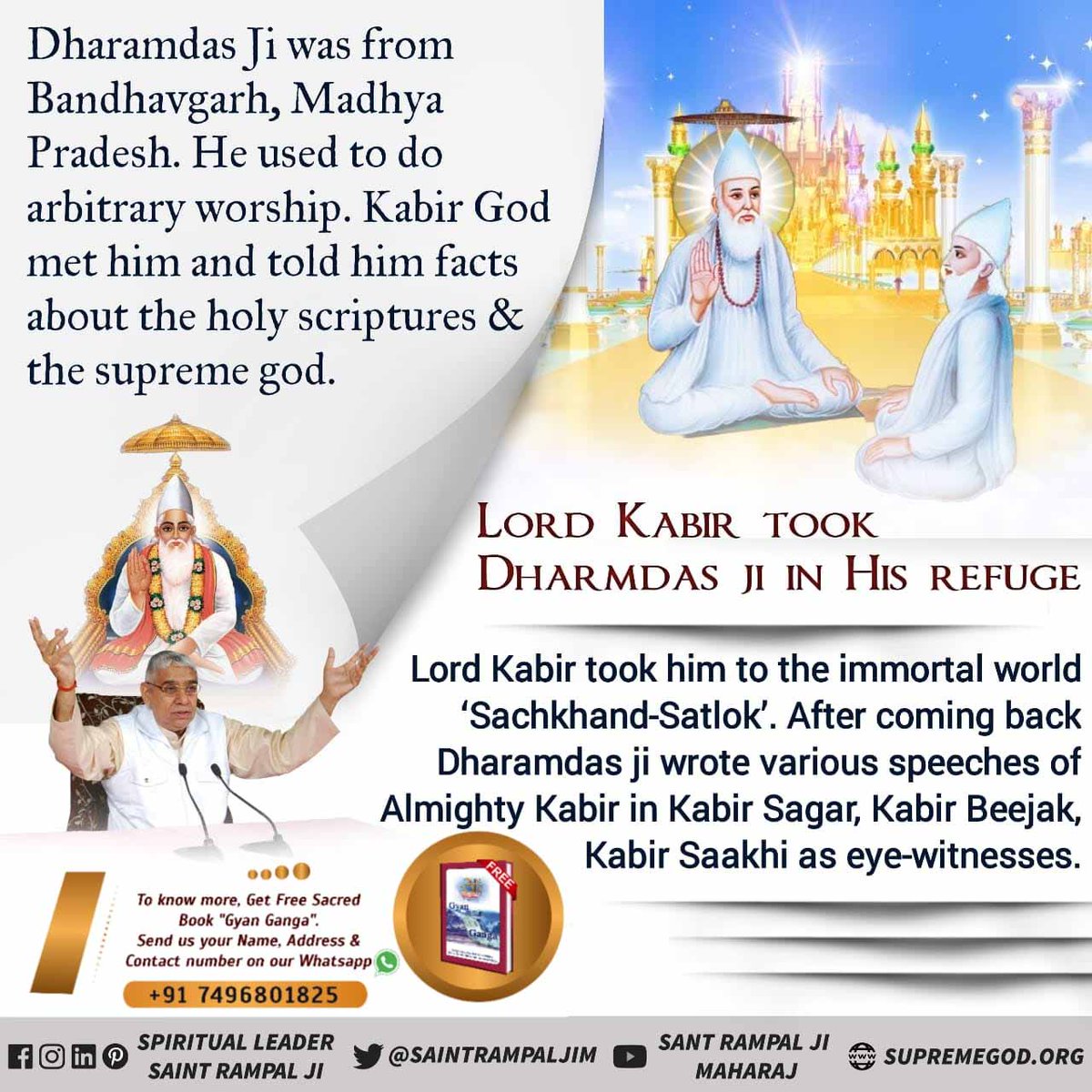 atarsinghpatel5's tweet photo. #EyeWitnessOfGod
पूर्ण परमात्मा कबीर जी अपने लोक से आकर धर्मदास जी को मिले और अपना तत्वज्ञान बताया एवं उनकी आत्मा को लेकर सतलोक गए सतलोक के बारे में धर्मदास जी ने कबीर सागर में वहां की महिमा का आंखों देखा हाल लिखा है
Saint rampal ji https://t.co/SIXx7nQIZ6