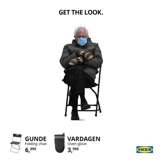 wajeez's tweet photo. The Bernie look from IKEA! https://t.co/NkcPnemO69