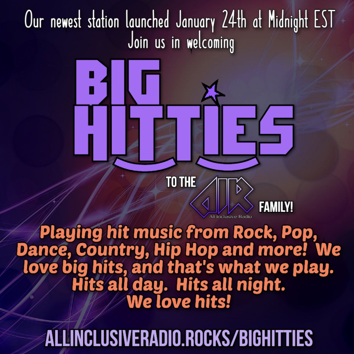 If you like a wide variety of #HitMusic, we have a brand new station for you.  Welcome BIG HITTIES to our family (replacing The Hornet).  The big hits of #PopMusic #RockMusic #CountryMusic #HipHop #DanceMusic #80sMusic and more... they all play 24/7 on #BigHitties !
