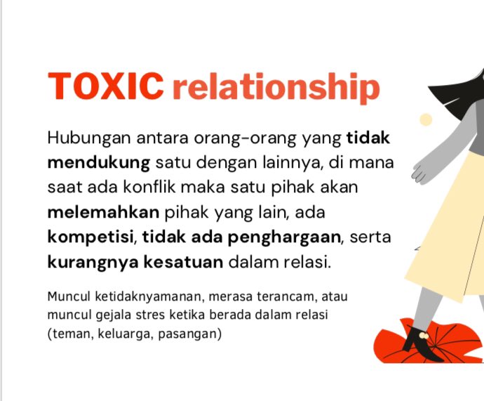Karena mungkin saja kamu sdg berada dlm toxic relationship dg sesama IKONICs. Lihat di bawah ini, relasi tidak sehat itu muncul kalau dalam konflik ada pihak yang berusaha melemahkan atau menjatuhkan pihak lain. Relasi ini akan membuat orang di dalamnya merasa cemas/terganggu.