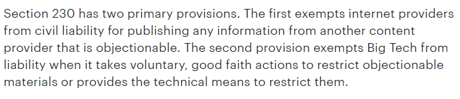 8/ This explanation is one that only someone who has never actually read Section 230 could love. Let's tackle the first provision: what the hell did Kovacs read? I've seen some weird interpretations but this one is particularly weird.