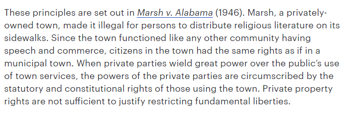 13/ Here we go again with Marsh... Kovacs' explanation of the case is inaccurate (Marsh didn't hold that "if you have speech and commerce, private actors are bound by the First Amendment." That would be nonsense.), and his conclusion relies solely on dicta.
