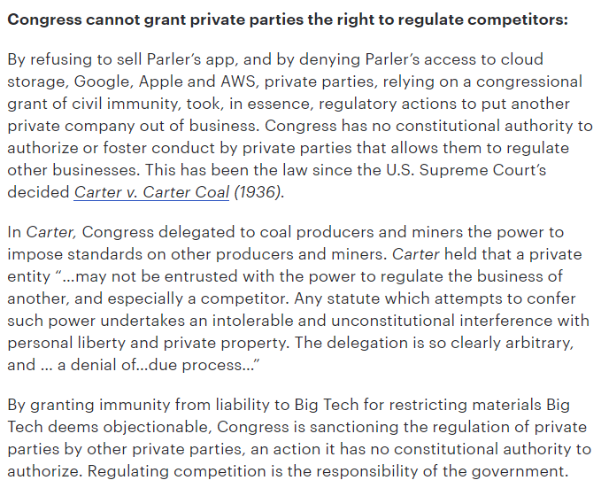 17/ Never mind, it's just disingenuous; get a load of the pretzel twisting in this insane argument. No, Section 230 doesn't allow companies to regulate competitors. Parler and AWS had a contract. Parler breached it, so AWS cut them off. It's really not complicated.