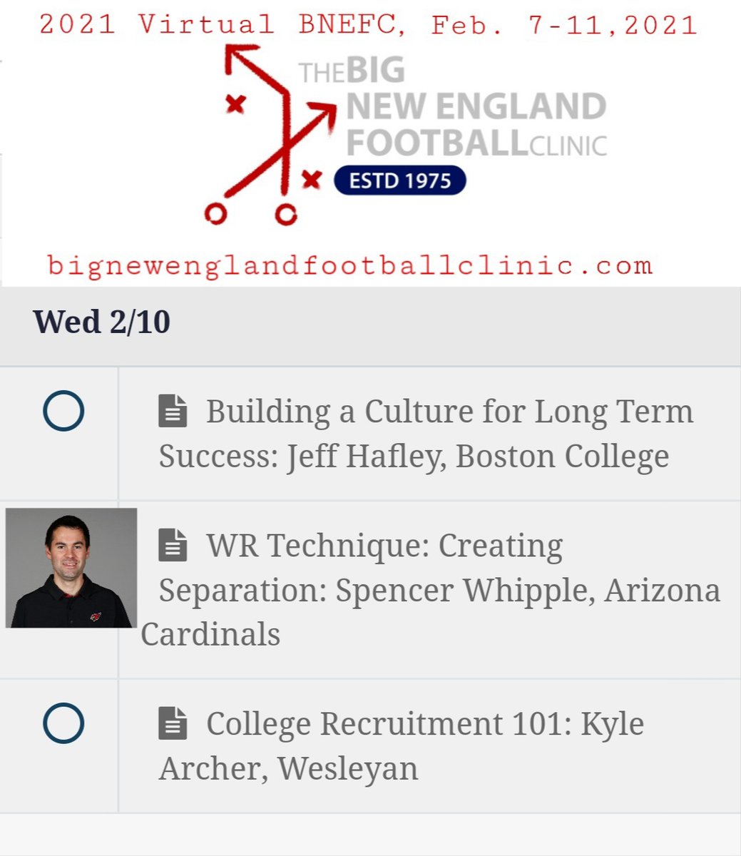 BigNEFootball's tweet image. Excited to announce the addition of Arizona Cardinals assistant wide receivers coach Spencer Whipple to the 2021 Virtual BNEFC lineup.
CHECK OUT what else is planned and REGISTER for it all at: bignewenglandfootballclinic.com