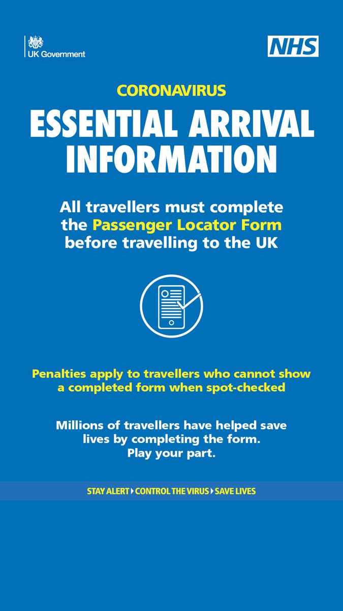 All travellers must complete the free Passenger Locator Form before travelling to the UK. The information you provide will support public health measures; gov.uk/passengerlocat…