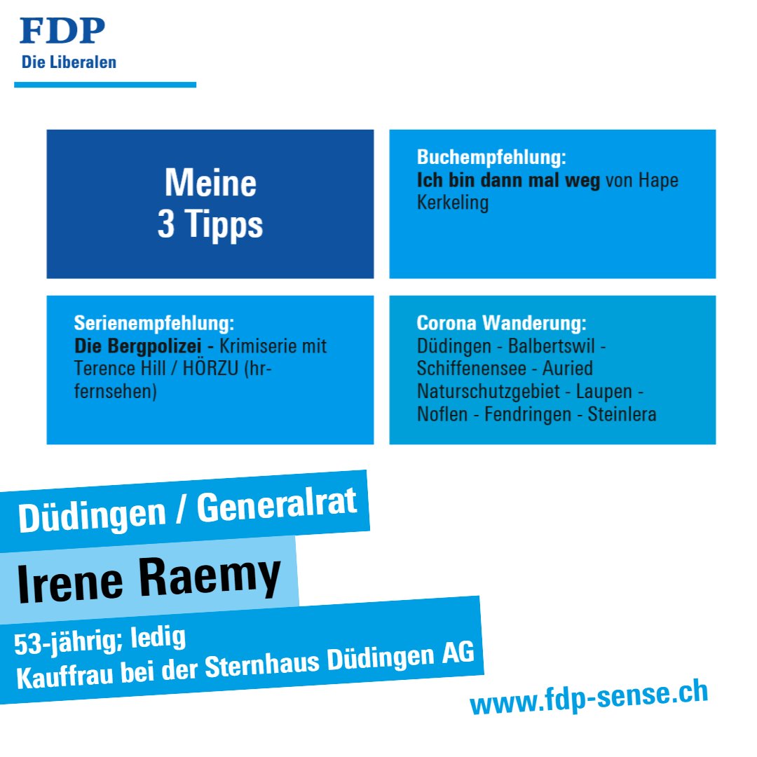FdpSense's tweet photo. Irene Raemy ist Generalratskandidatin in Düdingen #fdpsense #wahlen21 #generalrat #duedingen #bisher https://t.co/uSM3HLVf0Q