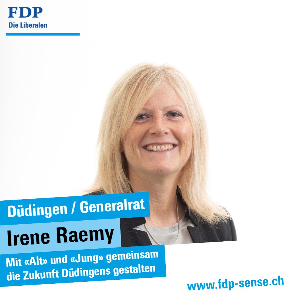 FdpSense's tweet photo. Irene Raemy ist Generalratskandidatin in Düdingen #fdpsense #wahlen21 #generalrat #duedingen #bisher https://t.co/uSM3HLVf0Q
