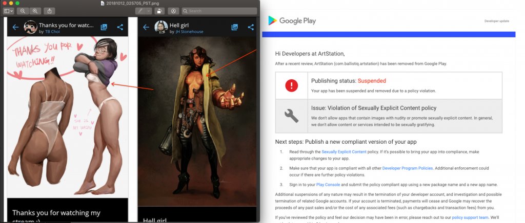 nashotobi's tweet photo. Just learned on Minds that in 2018 Google was fucking with Artstation too and even pull down their app because of... nudity.  Yeah, the art platform. 
https://t.co/MjNV3hknFb https://t.co/ifgQ0BJZ21