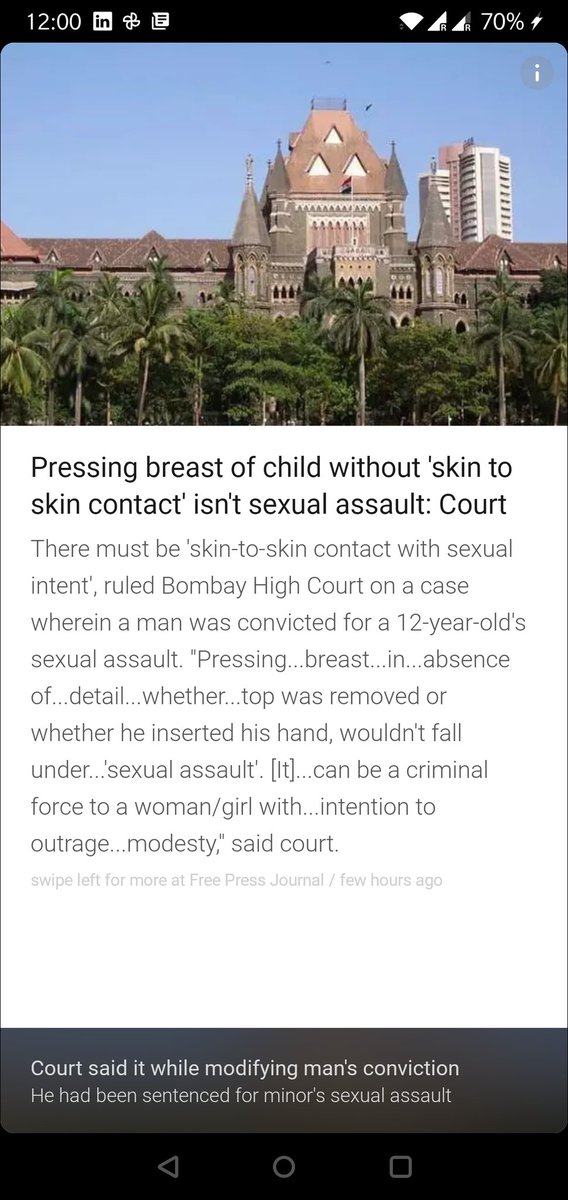 Let the person at the receiving end decide what is assault and what is not. I am appalled by the statement which says 'groping without skin to skin contact is not sexual assault' . This is utter nonsense. 
#GenderBiasedLaws #womenindia