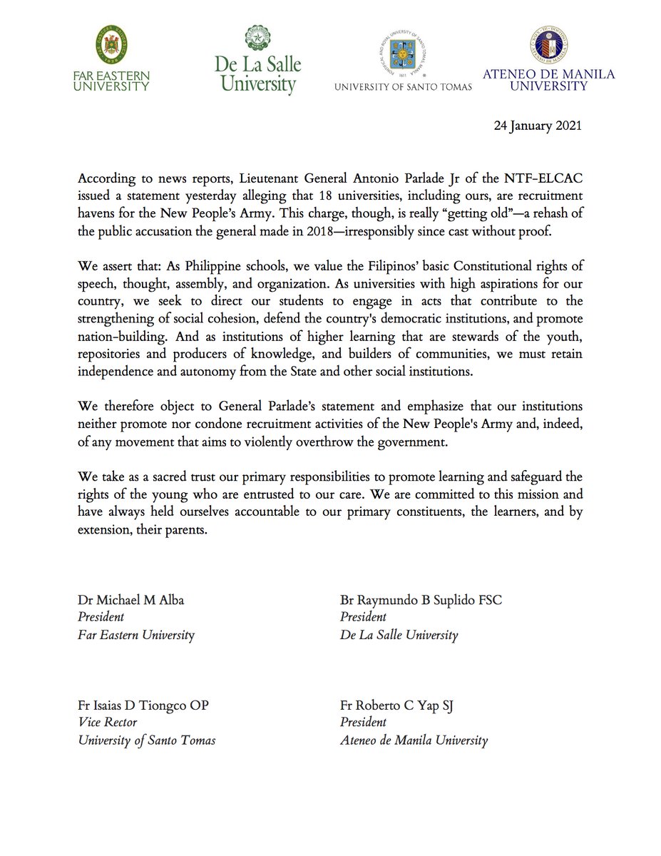 TheGUIDON's tweet photo. JUST IN: Ateneo de Manila University, De La Salle University, Far Eastern University, and the University of Santo Tomas released a joint statement to deny the recent claims made by Lieutenant General Antonio Parlade Jr.

Read the full statement here: https://t.co/Ryr9TmaObk