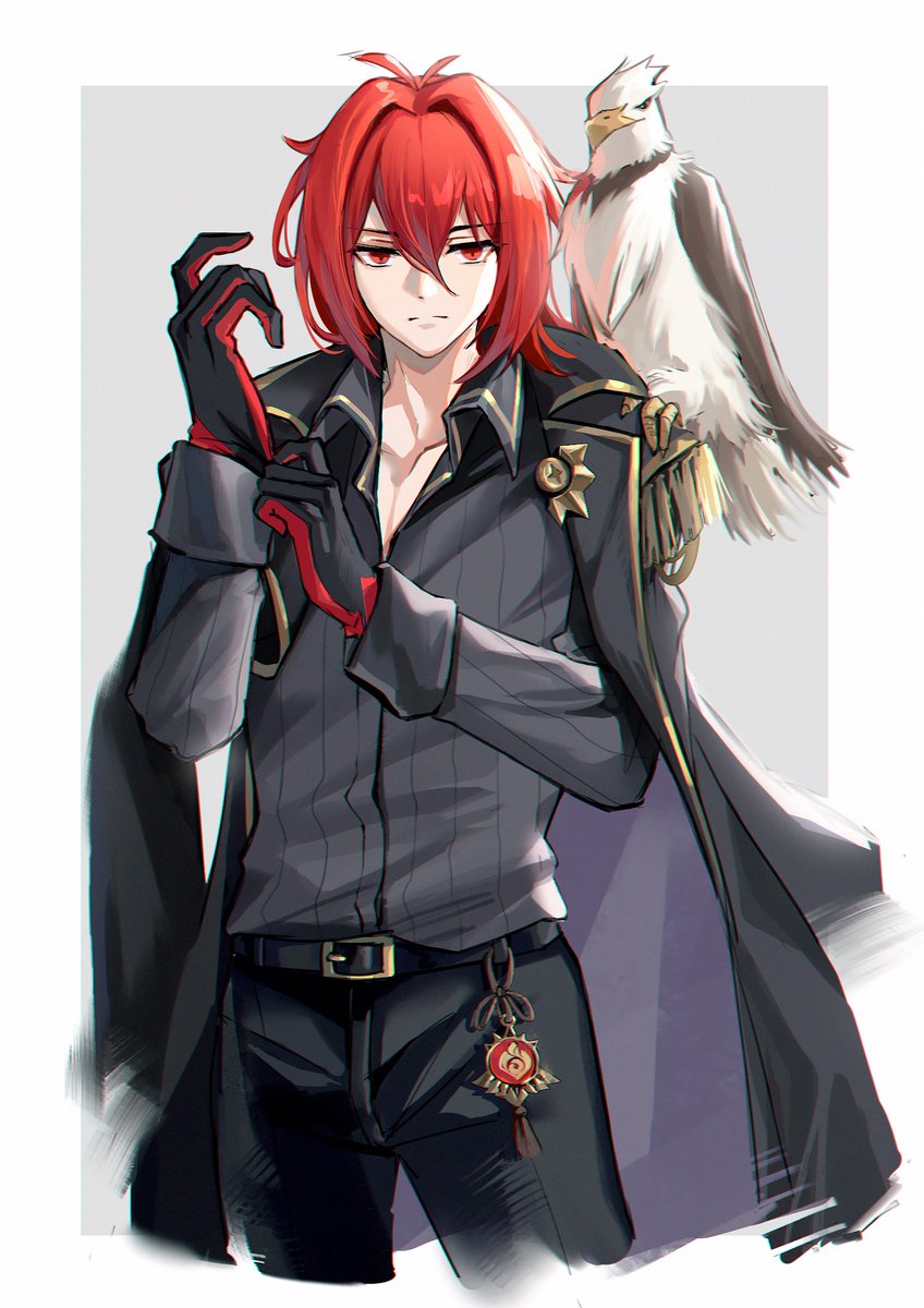 diluc (genshin impact) 1boy gloves male focus red eyes red hair bird vision (genshin impact)  illustration images