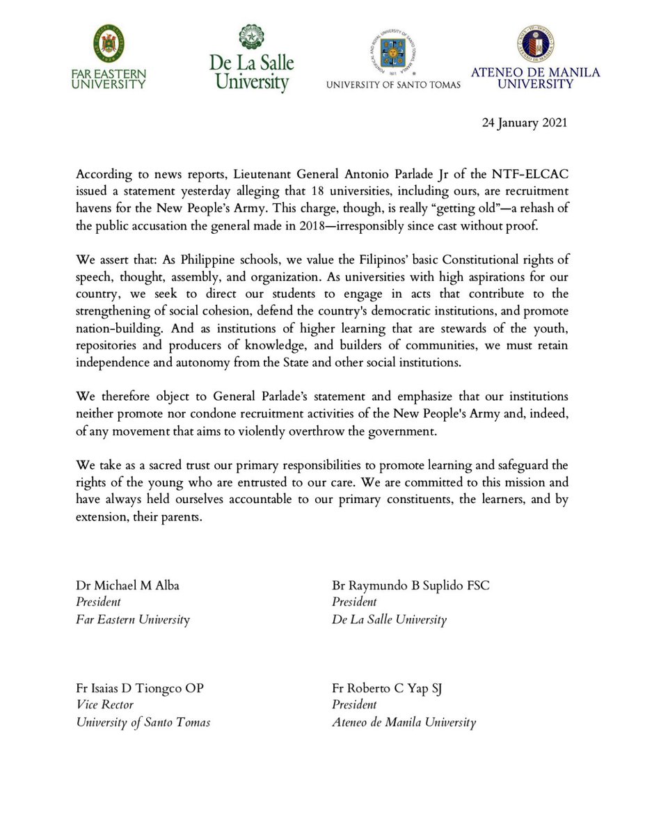 ADMU, DLSU, UST at FEU, pinalagan ang alegasyon ni Lt. Gen. Parlade na NPA ‘recruitment havens’ ang kanikanilang unibersidad: 'This charge, though, is really 'getting old'—a rehash of the public accusation the gen. made in 2018—irresponsibly since cast without proof' | @dzrhnews