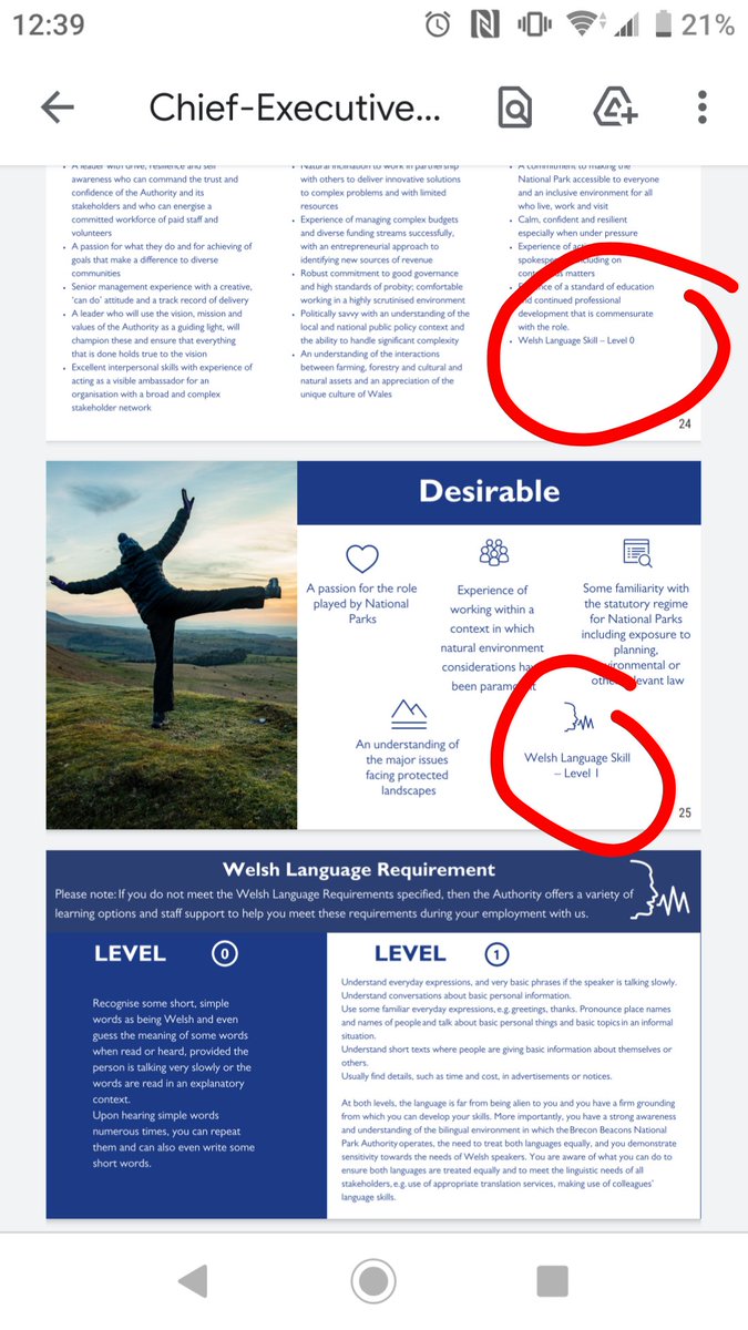 SarahPontstic's tweet photo. Our public bodies can do better than this! CEO advert for @BreconBeaconsNP lists essential welsh skills as level 0! Desirable is only a level 1! Isn't an ability to read place names and at least say the odd greeting essential? Isn't it desirable to know more?! @Cymdeithas https://t.co/dSu3JvMnyA