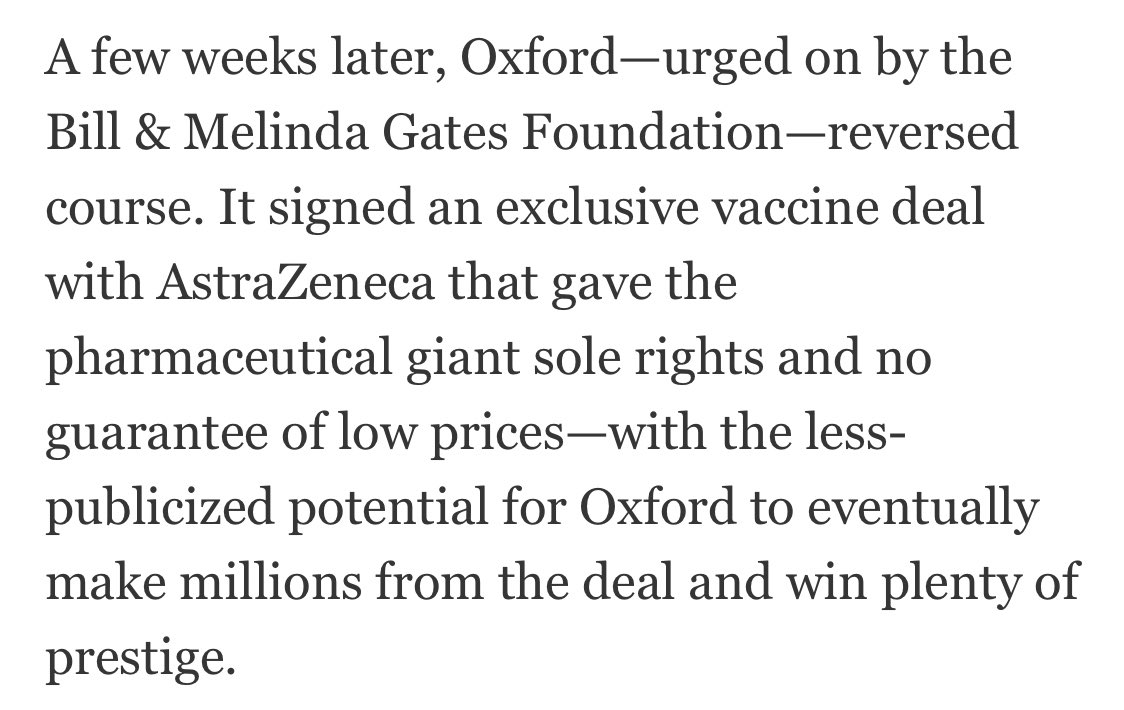Oxford University was going to open source its vaccine, then the Bill and Melinda Gates Foundation stepped in and convinced them to sell exclusive rights to AstraZeneca.Now AstraZeneca is failing to deliver and poor countries are struggling to access vaccines.