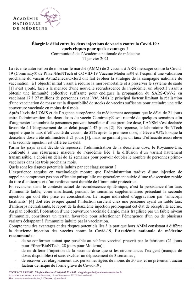 L avis de l Academie de Médecine à propos de l espacement des doses des vaccins est à relire et à appliquer car sinon risques d inefficacités et de résistances ++++