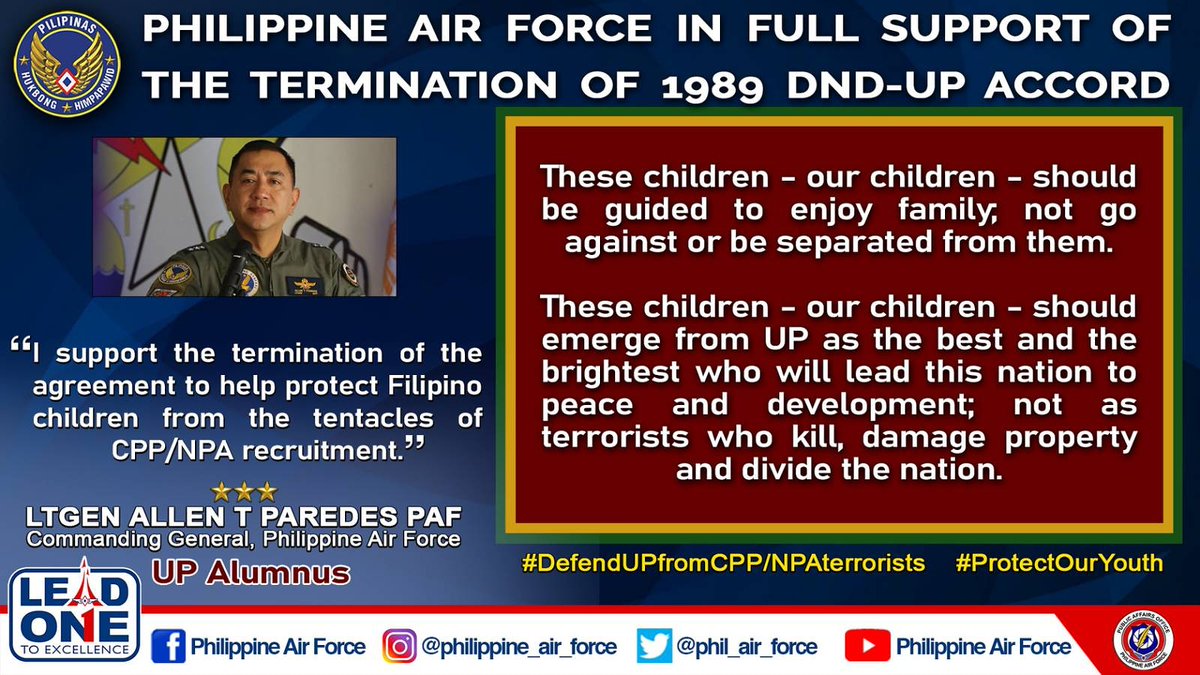 PhilAirForce's tweet photo. PHILIPPINE AIR FORCE IN FULL SUPPORT  OF THE TERMINATION OF 1989 DND-UP ACCORD

#DefendUPfromCPP/NPATerrorists #ProtectOurYouth https://t.co/7u8BbdHAMd
