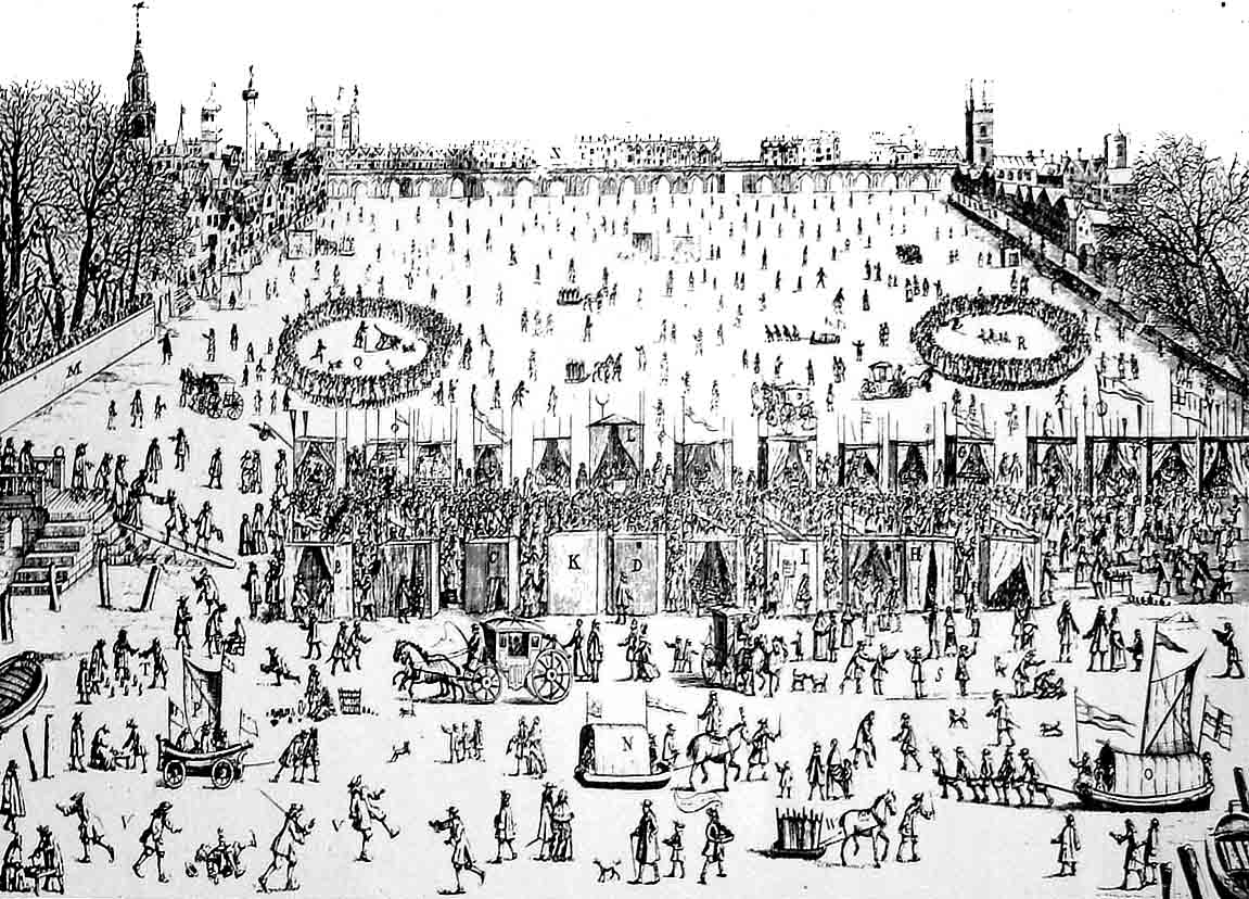 In 1683 the cracking of river ice was louder than the sound of muskets. People took over the river, carving stalls & erecting tents to sell mead, wine, baked potatoes & coffee. Bear bating, sledging & newly invented sports covered the river.
