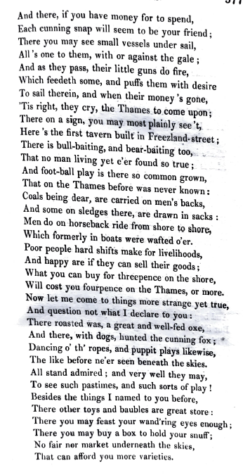Here is a poem about the 1683 Frost Fair, which was printed by M. Haley & J. Millet and sold near St Pauls Cathedral